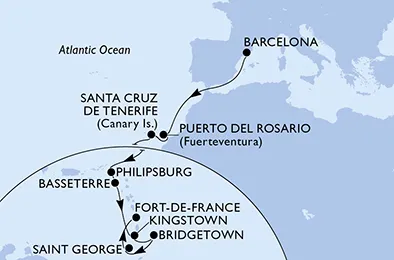 Route 17 Nächte Positionierungsfahrten ab Barcelona bis Fort De France