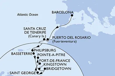 Route 18 Nächte Positionierungsfahrten ab Barcelona bis Pointe A Pitre