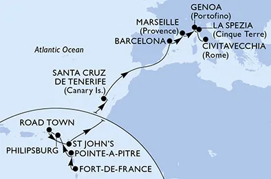 Route 18 Nächte Positionierungsfahrten ab Fort De France bis Civitavecchia (Rom)