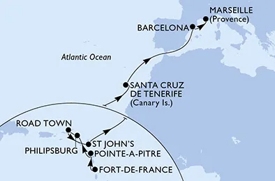 Route 15 Nächte Positionierungsfahrten ab Fort De France bis Marseille