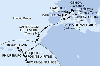 Route 20 Nächte Positionierungsfahrten ab Fort De France bis Palma de Mallorca