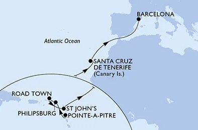 Route 13 Nächte Positionierungsfahrten ab Pointe A Pitre bis Barcelona