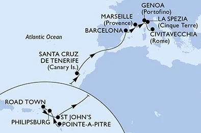 Route 17 Nächte Positionierungsfahrten ab Pointe A Pitre bis Civitavecchia (Rom)