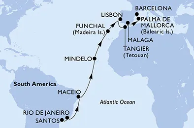 Route 21 Nächte Positionierungsfahrten ab Santos bis Barcelona