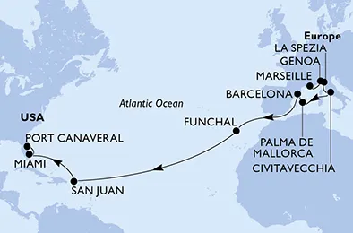 Route 20 Nächte Positionierungsfahrten ab Marseille bis Port Canaveral
