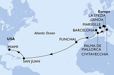Route 19 Nächte Positionierungsfahrten ab Marseille bis Miami