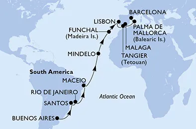 Route 24 Nächte Positionierungsfahrten ab Buenos Aires bis Barcelona
