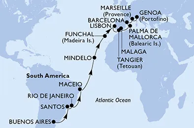 Route 26 Nächte Positionierungsfahrten ab Buenos Aires bis Genua