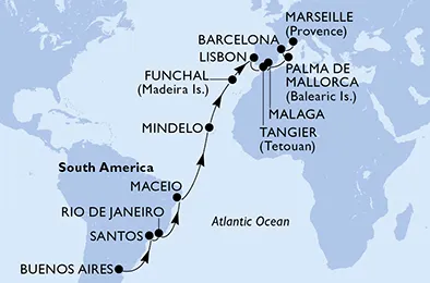 Route 25 Nächte Positionierungsfahrten ab Buenos Aires bis Marseille