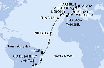 Route 23 Nächte Positionierungsfahrten ab Santos bis Genua