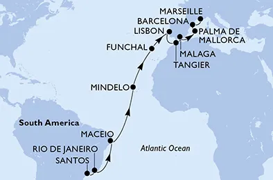 Route 22 Nächte Positionierungsfahrten ab Santos bis Marseille