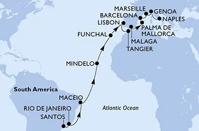 Route 24 Nächte Positionierungsfahrten ab Santos bis Neapel