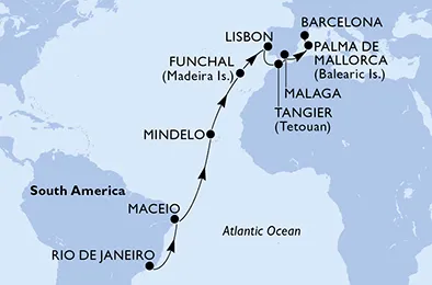 Route 20 Nächte Positionierungsfahrten ab Rio De Janeiro bis Barcelona