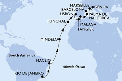 Route 22 Nächte Positionierungsfahrten ab Rio De Janeiro bis Genua