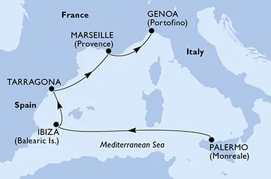 Route 5 Nächte Mittelmeer ab Sizilien/Palermo bis Genua