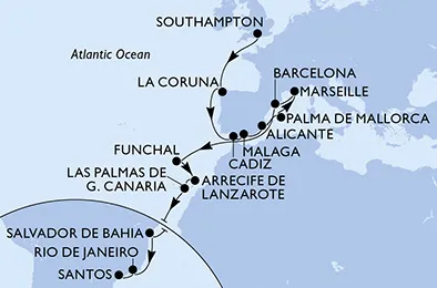 Route 25 Nächte Positionierungsfahrten ab Southampton bis Santos
