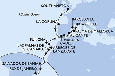 Route 24 Nächte Positionierungsfahrten ab Southampton bis Rio De Janeiro