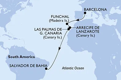 Route 12 Nächte Positionierungsfahrten ab Barcelona bis Salvador