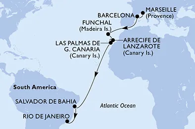 Route 16 Nächte Positionierungsfahrten ab Marseille bis Rio De Janeiro
