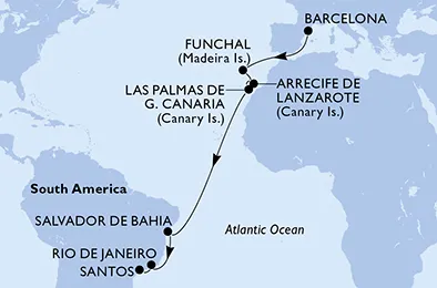 Route 16 Nächte Positionierungsfahrten ab Barcelona bis Santos