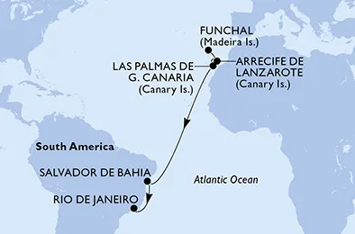 Route 12 Nächte Positionierungsfahrten ab Madeira (Funchal) bis Rio De Janeiro