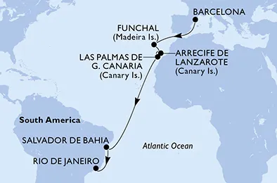 Route 15 Nächte Positionierungsfahrten ab Barcelona bis Rio De Janeiro