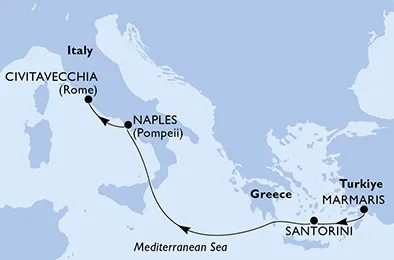 Route 4 Nächte Mittelmeer ab Hafen Marmaris bis Civitavecchia (Rom)