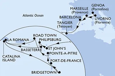 Route 24 Nächte Positionierungsfahrten ab Genua bis La Romana/Dom. Republik