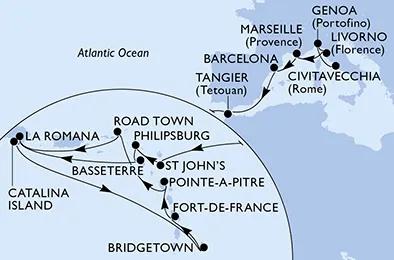 Route 25 Nächte Positionierungsfahrten ab Civitavecchia (Rom) bis La Romana/Dom. Republik