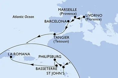 Route 16 Nächte Positionierungsfahrten ab Florenz/Livorno bis La Romana/Dom. Republik