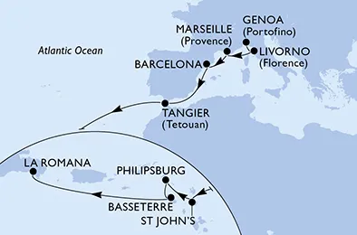 Route 17 Nächte Positionierungsfahrten ab Genua bis La Romana/Dom. Republik