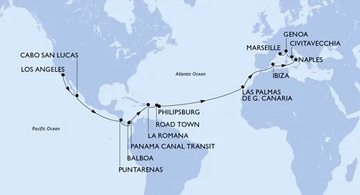 Route 30 Nächte Weltreise ab Long Beach bis Marseille