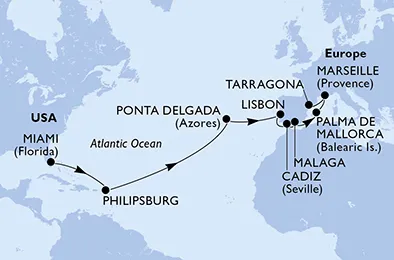 Route 17 Nächte Positionierungsfahrten ab Miami bis Tarragona