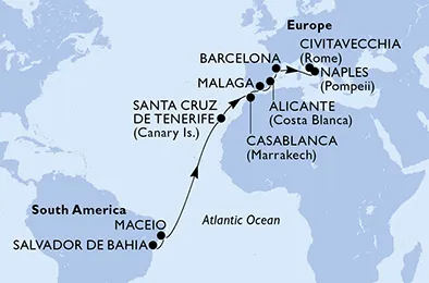 Route 16 Nächte Positionierungsfahrten ab Salvador bis Civitavecchia (Rom)