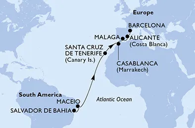 Route 13 Nächte Positionierungsfahrten ab Salvador bis Barcelona