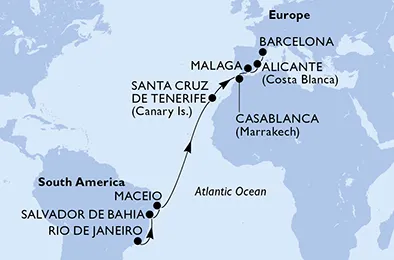 Route 15 Nächte Positionierungsfahrten ab Rio De Janeiro bis Barcelona