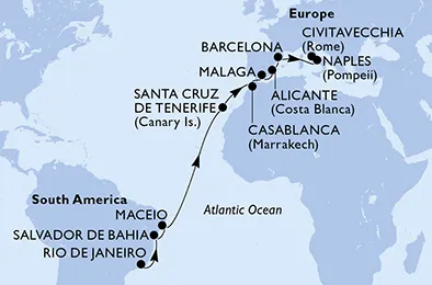 Route 18 Nächte Positionierungsfahrten ab Rio De Janeiro bis Civitavecchia (Rom)