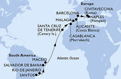 Route 19 Nächte Positionierungsfahrten ab Santos bis Civitavecchia (Rom)