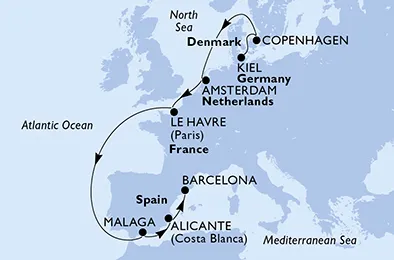 Route 10 Nächte Nordeuropa ab Kiel bis Barcelona
