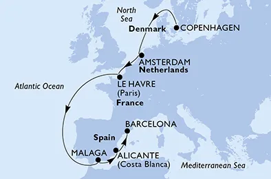 Route 9 Nächte Nordeuropa ab Kopenhagen bis Barcelona