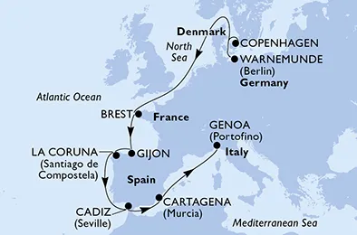 Route 11 Nächte Nordeuropa ab Kopenhagen bis Genua