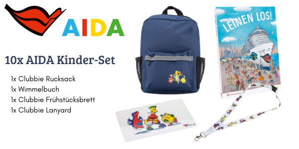 AIDA Kinder-Set mit Clubbie Rucksack, Wimmelbuch, Clubbie Frühstücksbrett und Clubbie Lanyard