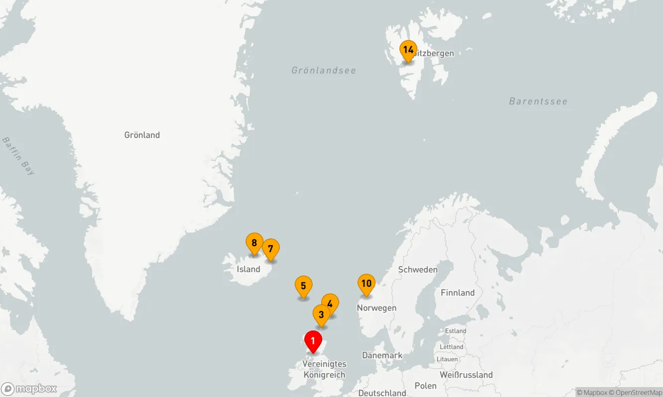 Route 13 Nächte - Von Glasgow (Greenock) nach Longyearbyen
