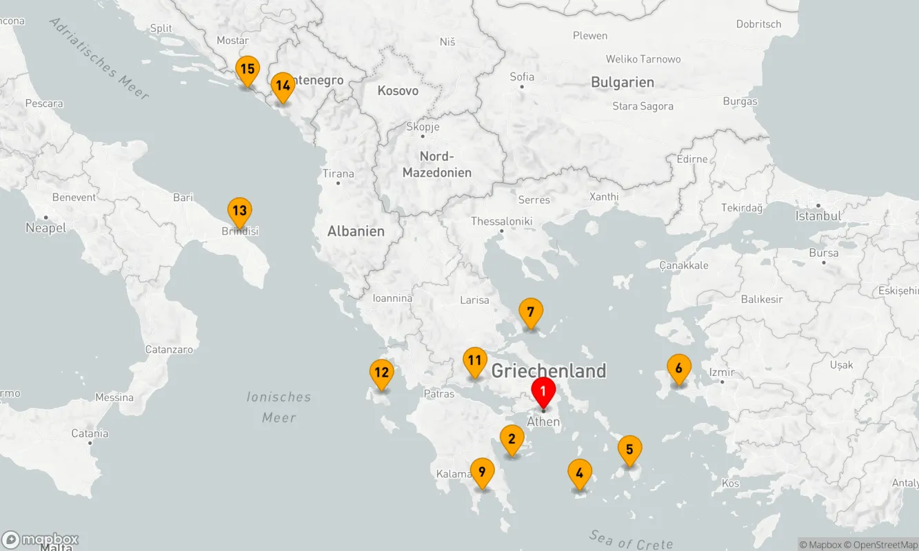 Route 14 Nächte - 14-TÄGIGE ENTDECKUNGSREISE ZU DEN GRIECHISCHEN INSELN, NACH MONTENEGRO UND ITALIEN