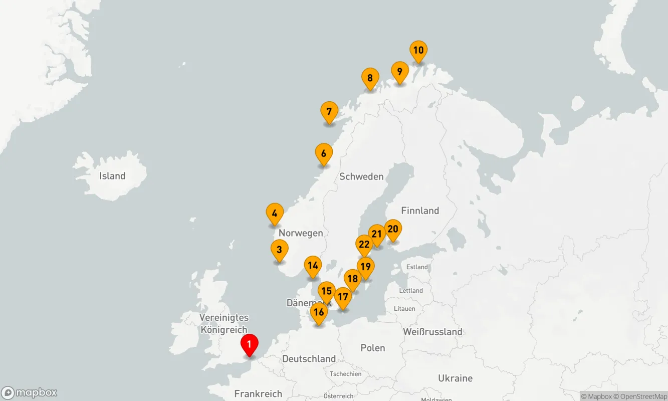 Route 21 Nächte - 21-tägige Kreuzfahrt: Norwegens Nordkap, Dänemark und Finnland