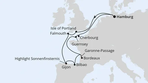 Route Ärmelkanal & Golf von Biskaya mit Sonnenfinsternis