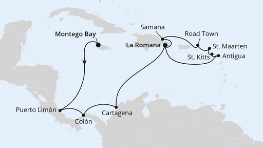 Route Mittelamerika & Karibische Inseln ab Jamaika Route Mittelamerika & Karibische Inseln ab Jamaika