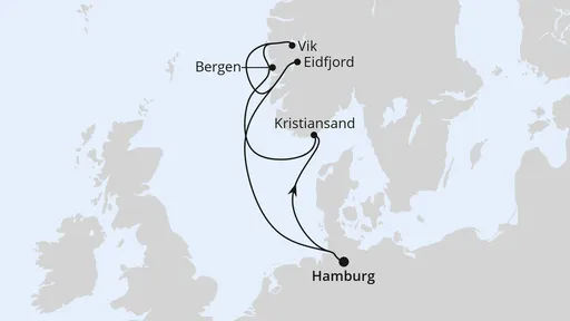 Route Norwegens Fjorde mit Eidfjord ab Hamburg