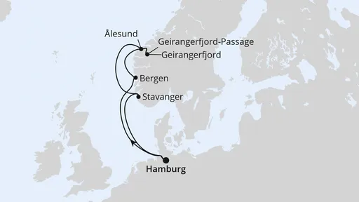 Route Norwegens Fjorde mit Geiranger ab Hamburg