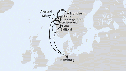 Route Norwegens Fjorde mit Geiranger & Trondheim Route Norwegens Fjorde mit Geiranger & Trondheim